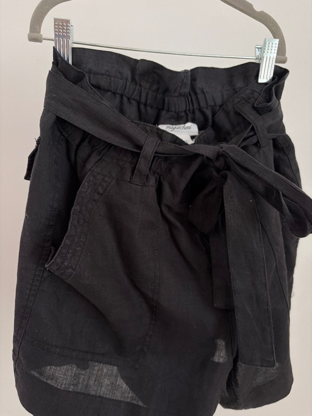MAGUSCHENI Black 100% Linen Paperbag Waist Tie Belt Shorts SZ S